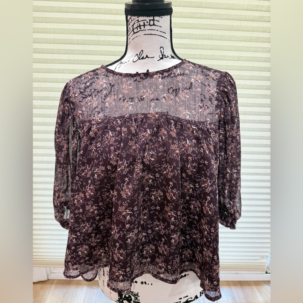 Floral Sheer Women's Top - Brown W/ Gold Detail